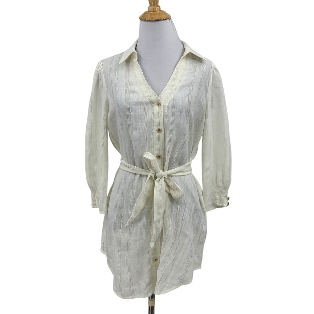 Edme & Esyllte Shirt Dress Womens 4 Ivory Linen Blend Button Up Tie Waist Mini
